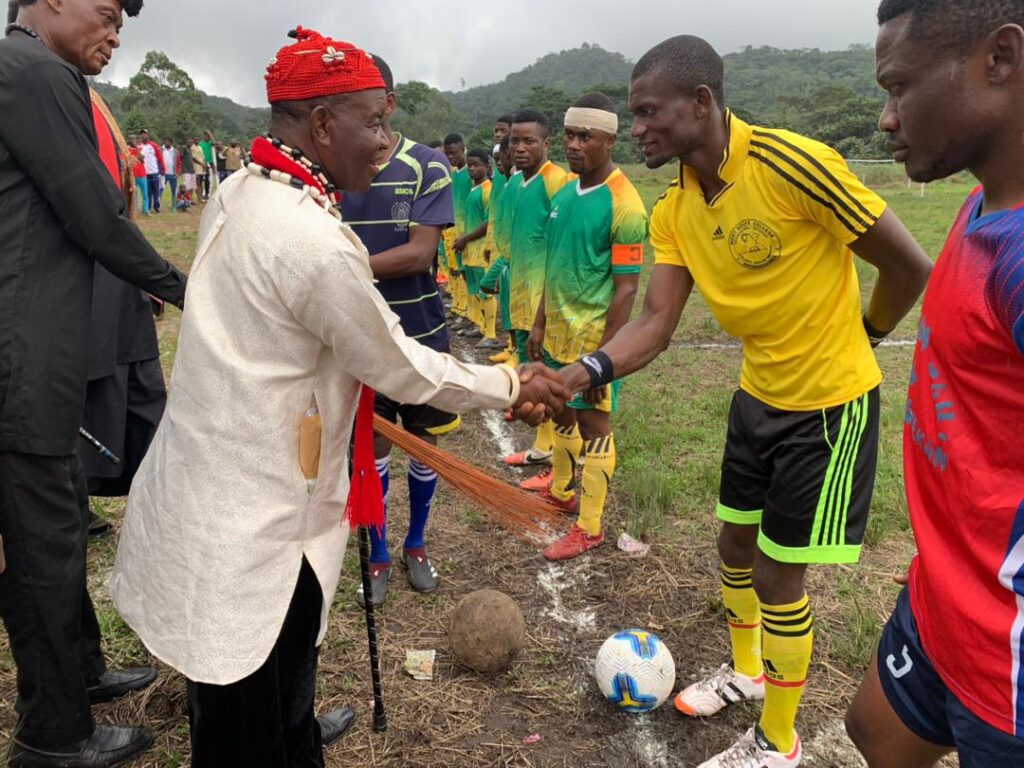 Muangwekan Football & Cultural Tourneys Rally Population for Peace and Unity HRM Chief Atabe Emmanuel of Muangwekan Encouraging Players at Football Finals